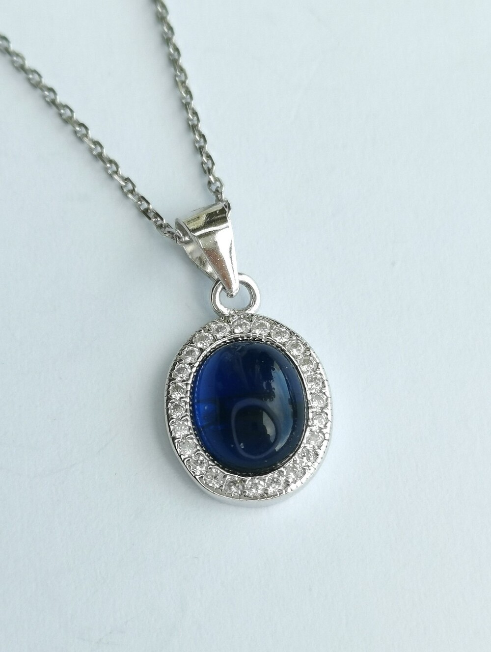 Lab Created Blue Sapphire Cabochon CZ Halo pendant necklace Sterling Silver 🆕